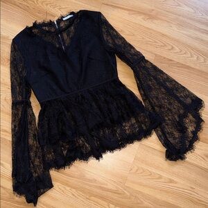 Voila Black Lace Bell Sleeve Top Peplum Size Small Romantic
